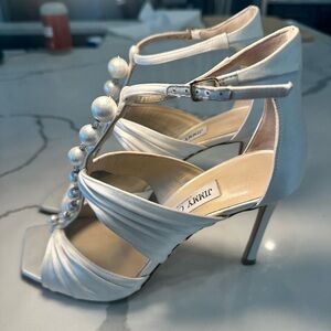 Jimmy Choo Pearl-Embellished Ivory Satin T-Strap Heels